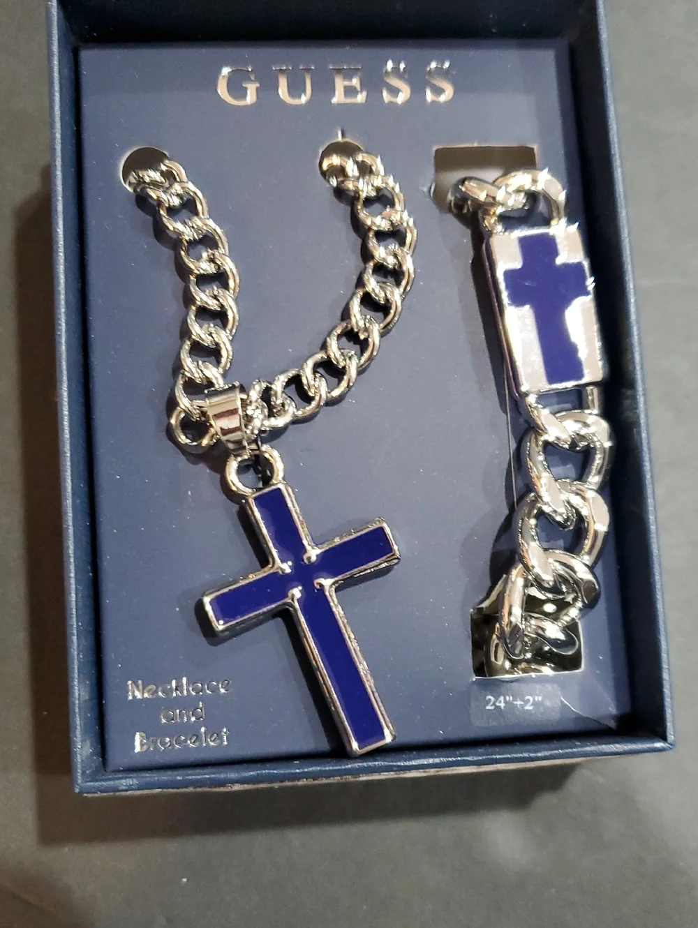 Guess men's silver chainlink navy‎ Christian cross pendant necklace bracelet set